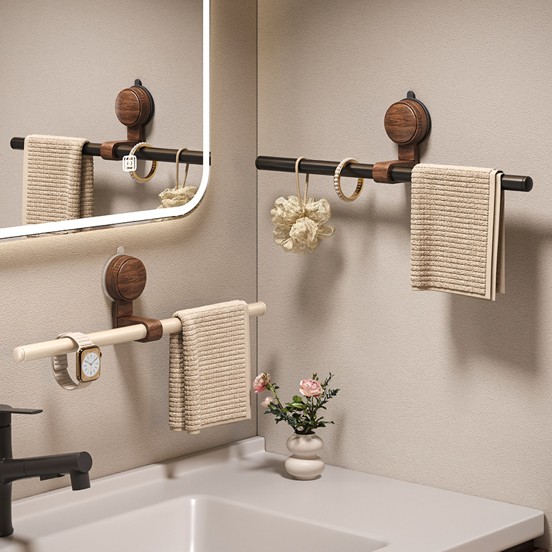 Walnut Wood Suction Towel Rack - Strong Load-Bearing, No-Drill Installation