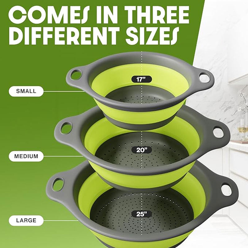 Foldable Silicone Strainer Basket with Draining Base: Perfect for Fruit & Vegetable Washing, A set of 3 baskets and a base