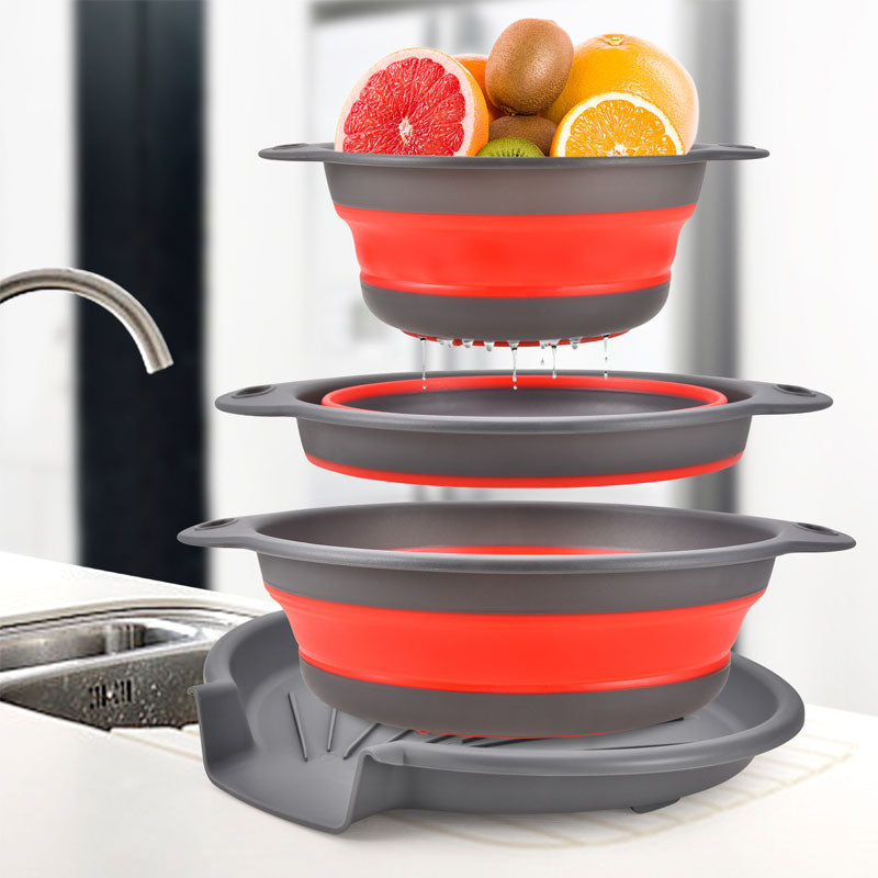 Foldable Silicone Strainer Basket with Draining Base: Perfect for Fruit & Vegetable Washing, A set of 3 baskets and a base