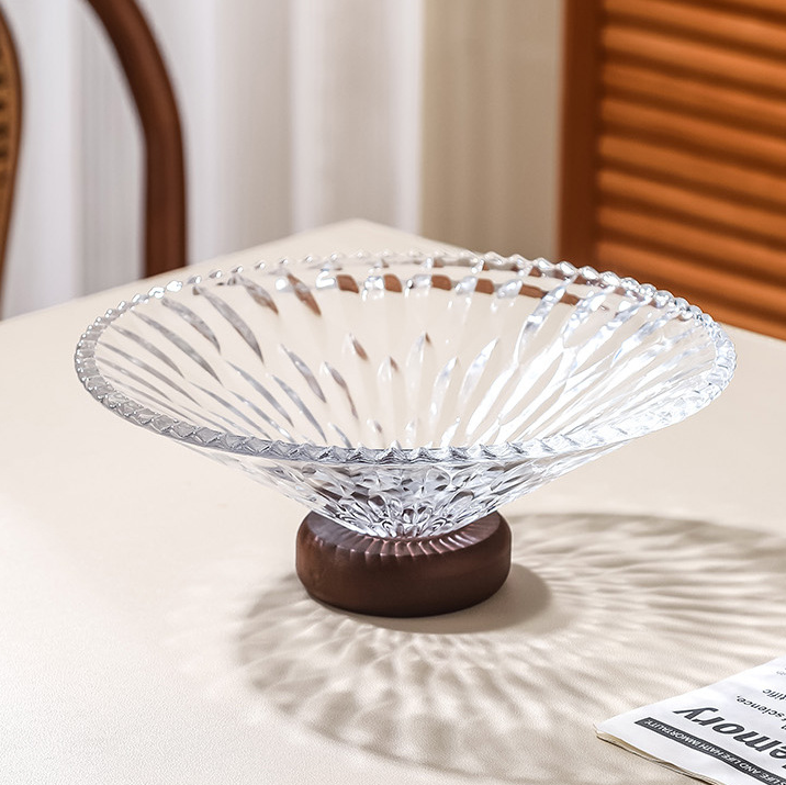 Elegant Crystal Glass Serving Plate with Wooden Base - Wide Opening Design