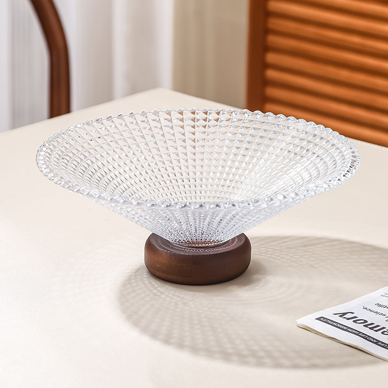 Elegant Crystal Glass Serving Plate with Wooden Base - Wide Opening Design