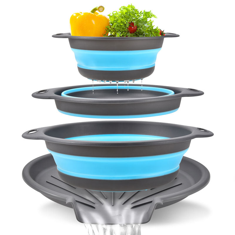 Foldable Silicone Strainer Basket with Draining Base: Perfect for Fruit & Vegetable Washing, A set of 3 baskets and a base