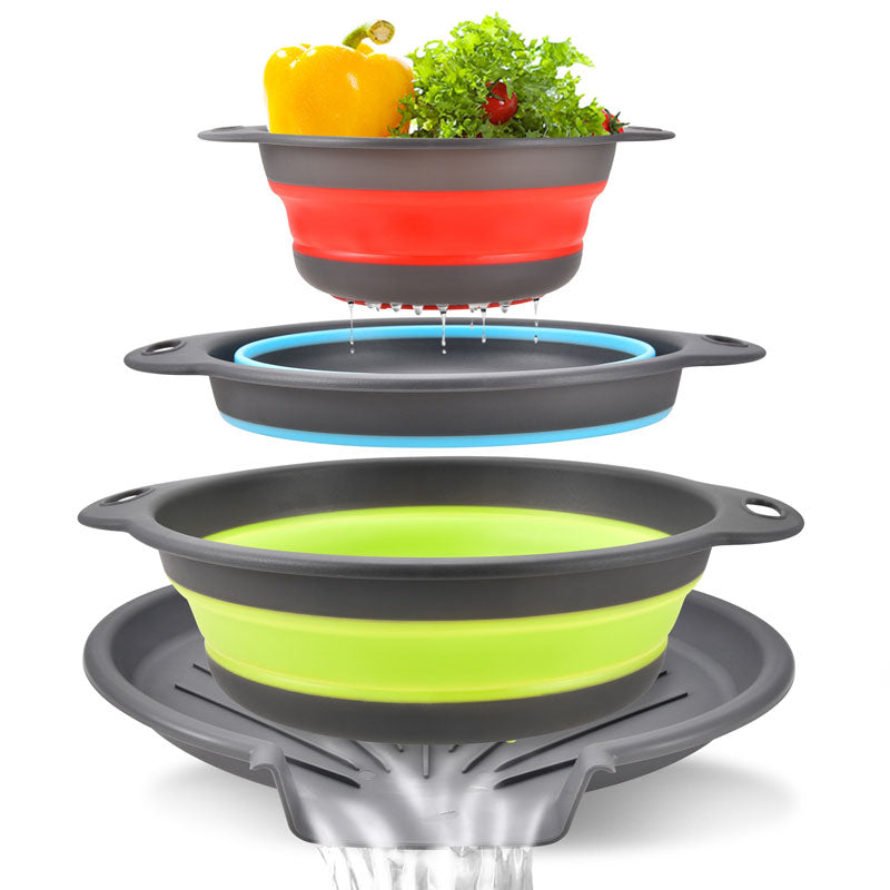 Foldable Silicone Strainer Basket with Draining Base: Perfect for Fruit & Vegetable Washing, A set of 3 baskets and a base