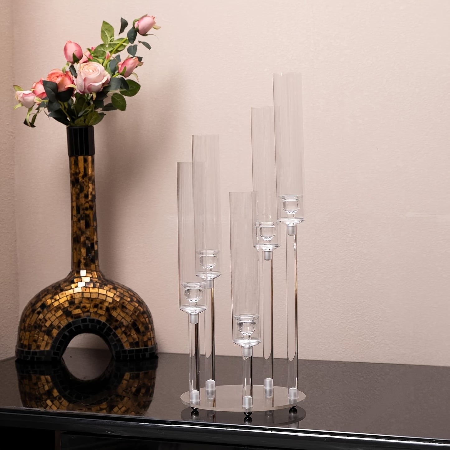 1pc 5-Arm Acrylic Candelabra Candle Holder – Elegant Clear Tabletop Centerpiece
