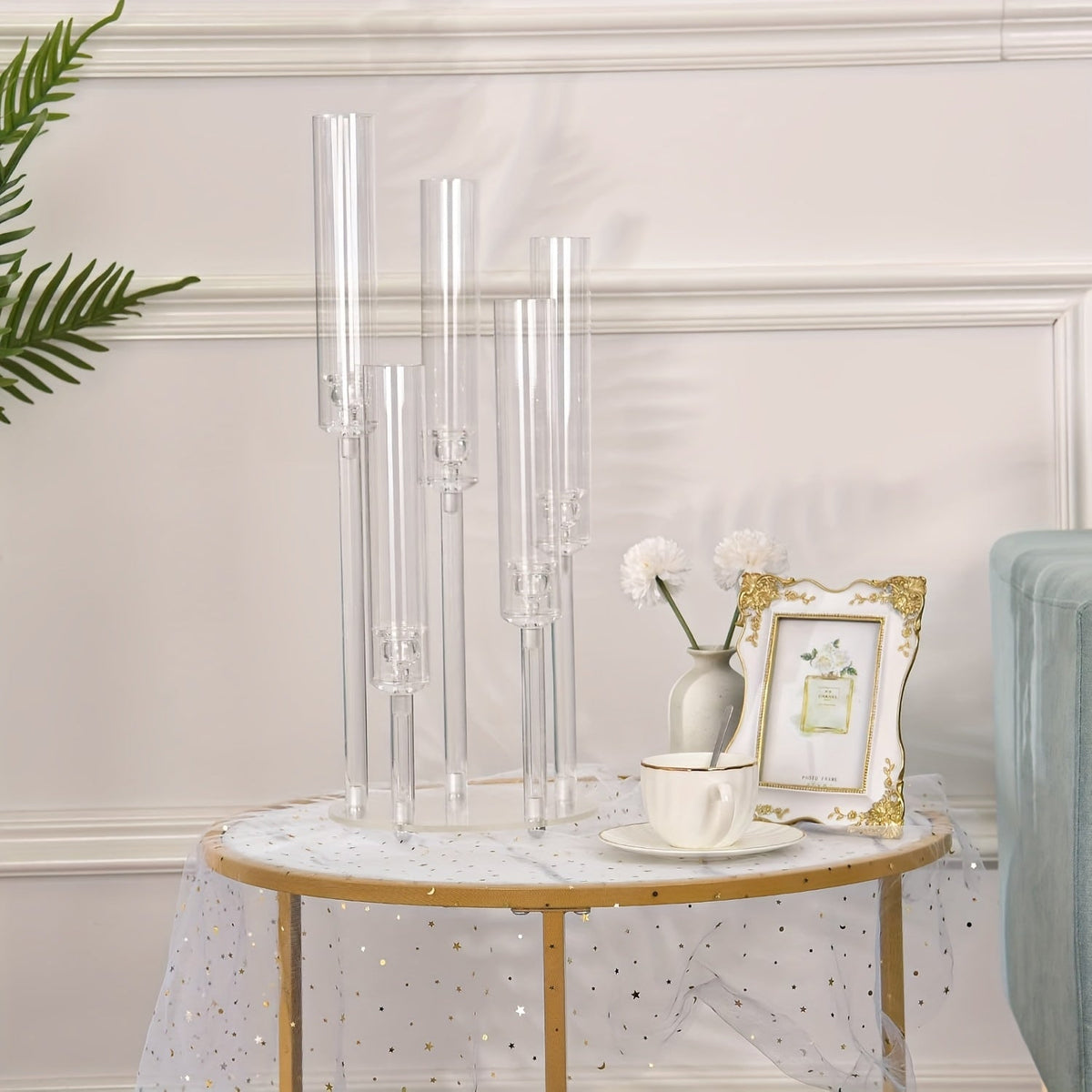 1pc 5-Arm Acrylic Candelabra Candle Holder – Elegant Clear Tabletop Centerpiece