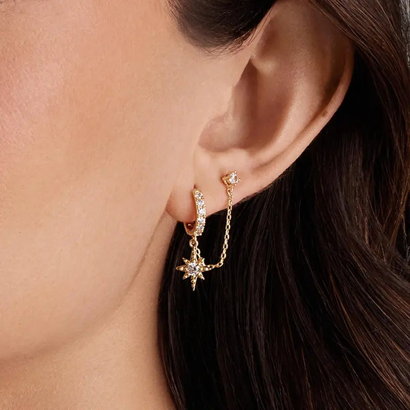 Loruvie 14K Gold-Plated Double Piercing Earrings – Delicate Chain & CZ Accents