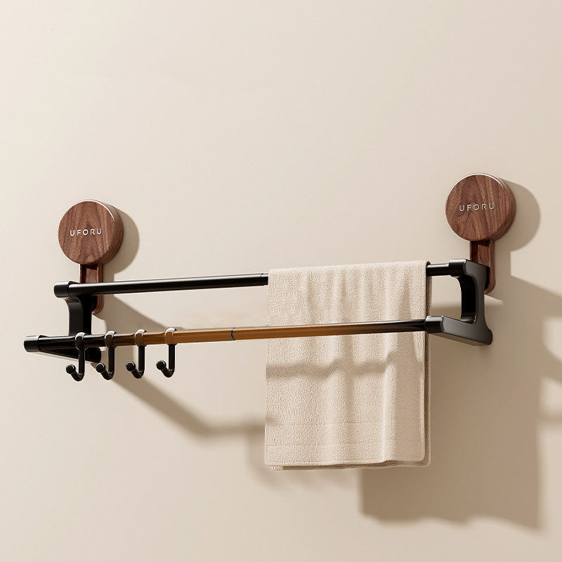 Walnut Wood Telescopic Suction Towel Rack: Strong Load-Bearing & Built-in hooks