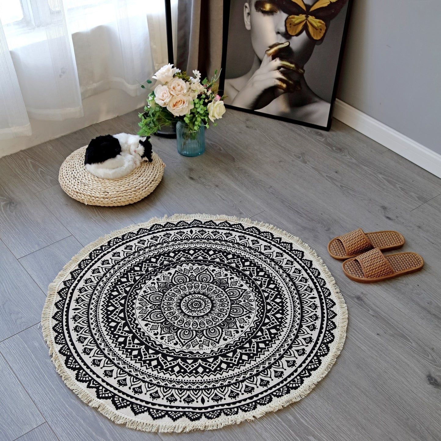 NomadSoul Mandala Artisanal Cotton Round Rug | Hand-Woven Vintage Tassel Accent