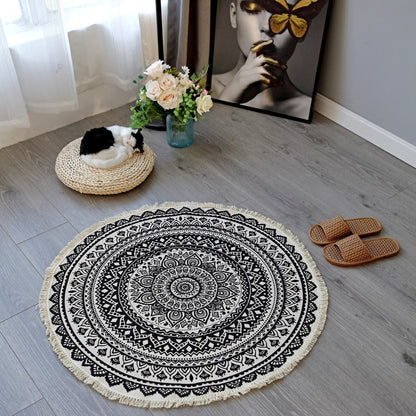 NomadSoul Mandala Artisanal Cotton Round Rug | Hand-Woven Vintage Tassel Accent