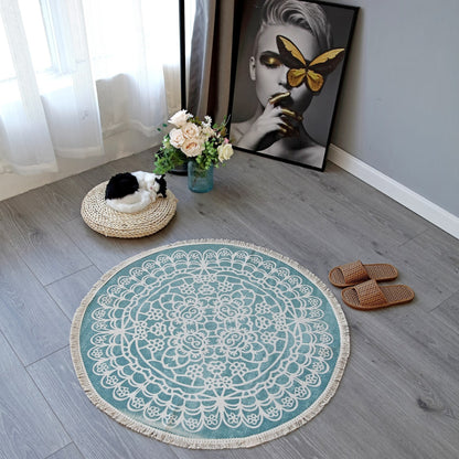 NomadSoul Mandala Artisanal Cotton Round Rug | Hand-Woven Vintage Tassel Accent
