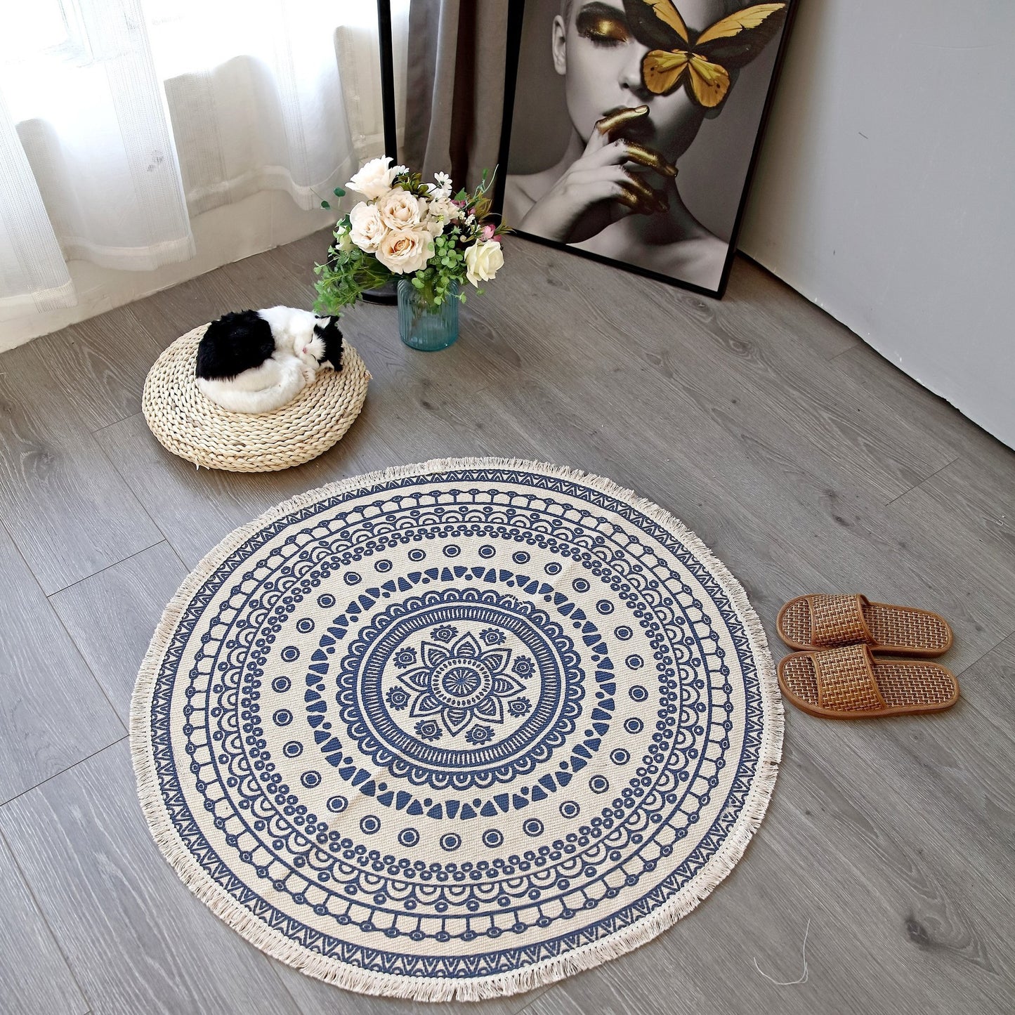 NomadSoul Mandala Artisanal Cotton Round Rug | Hand-Woven Vintage Tassel Accent