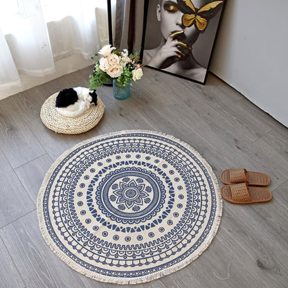 NomadSoul Mandala Artisanal Cotton Round Rug | Hand-Woven Vintage Tassel Accent
