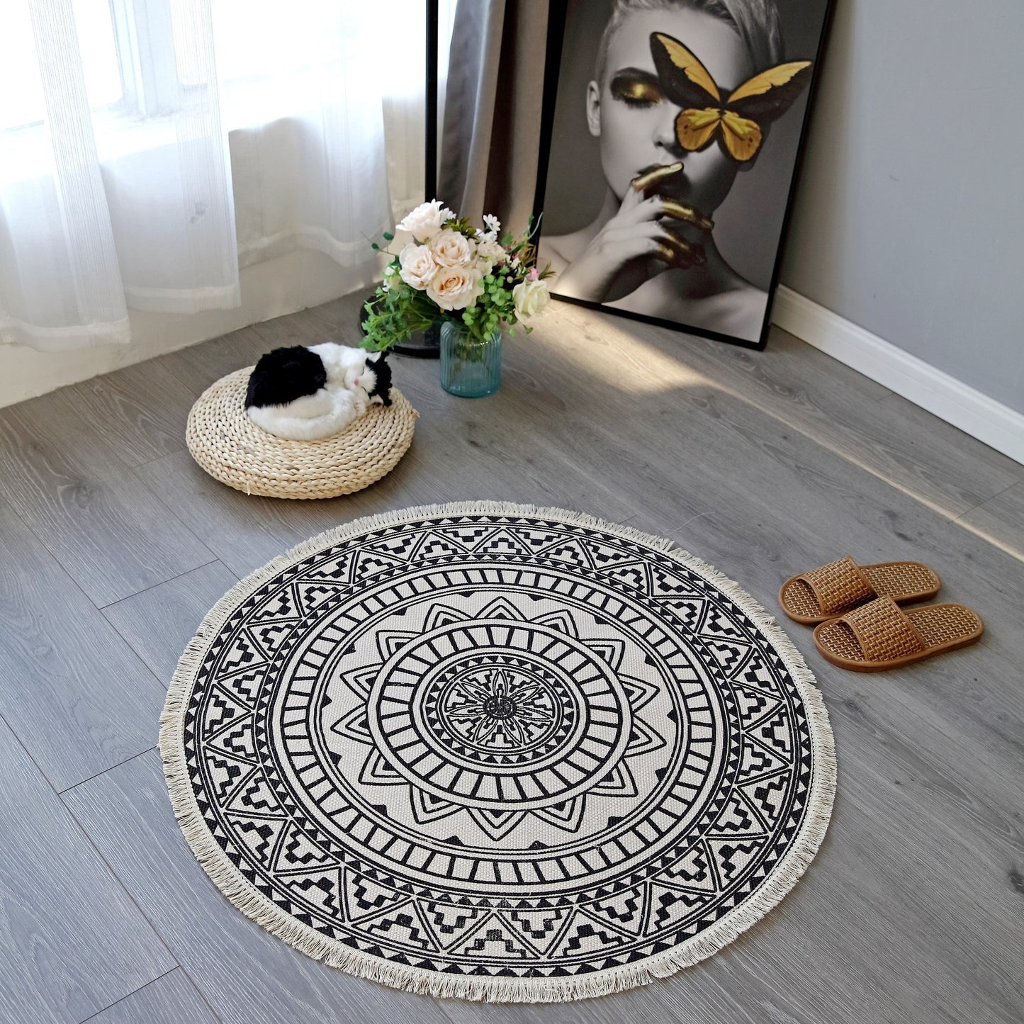 NomadSoul Mandala Artisanal Cotton Round Rug | Hand-Woven Vintage Tassel Accent