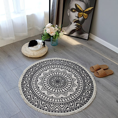 NomadSoul Mandala Artisanal Cotton Round Rug | Hand-Woven Vintage Tassel Accent