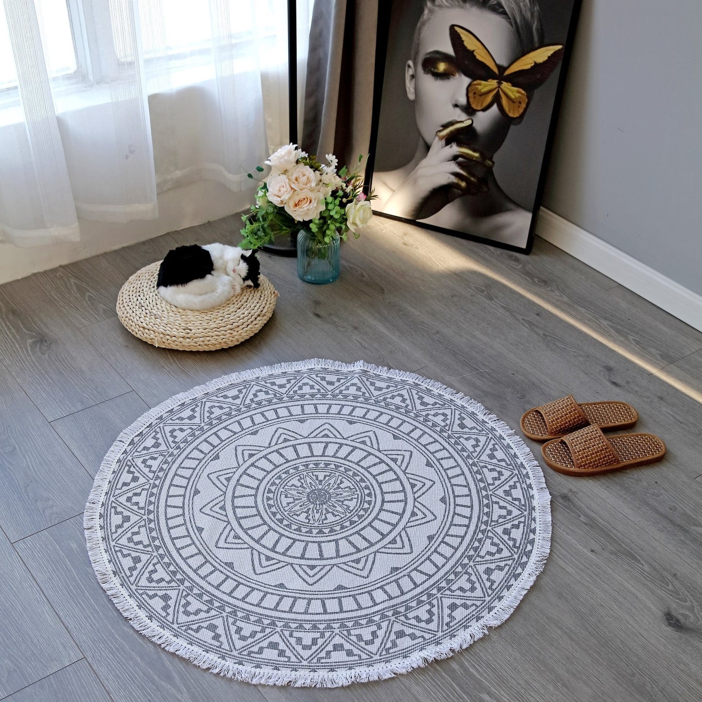 NomadSoul Mandala Artisanal Cotton Round Rug | Hand-Woven Vintage Tassel Accent