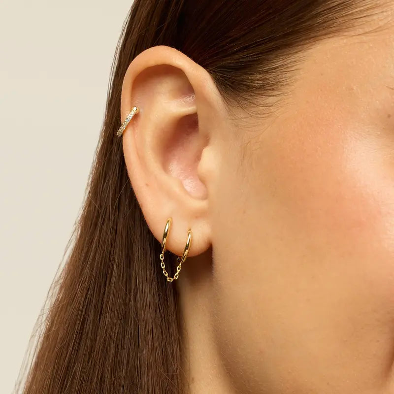 Loruvie 14K Gold-Plated Double Piercing Earrings – Delicate Chain & CZ Accents