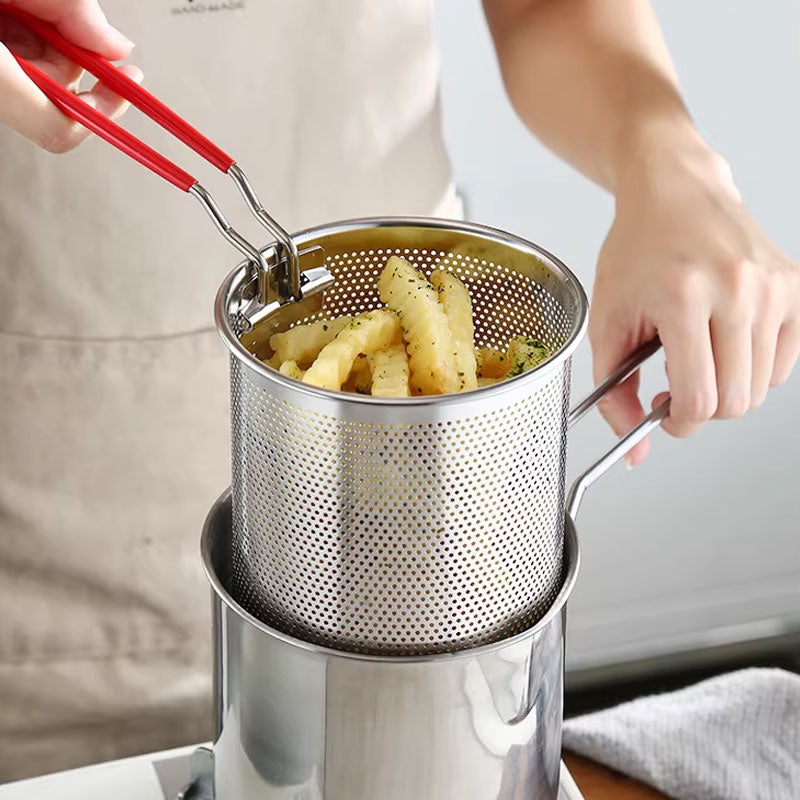 Multi-Functional Deep Fryer Pot: Long Anti-Scald Handle & Fine Mesh Strainer