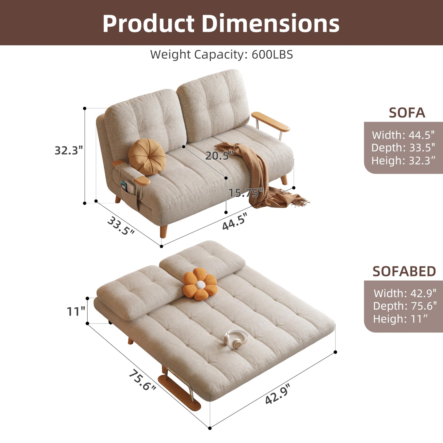 Convertible Futon Sofa Bed Sleeper Chair with Solid Wood Leg