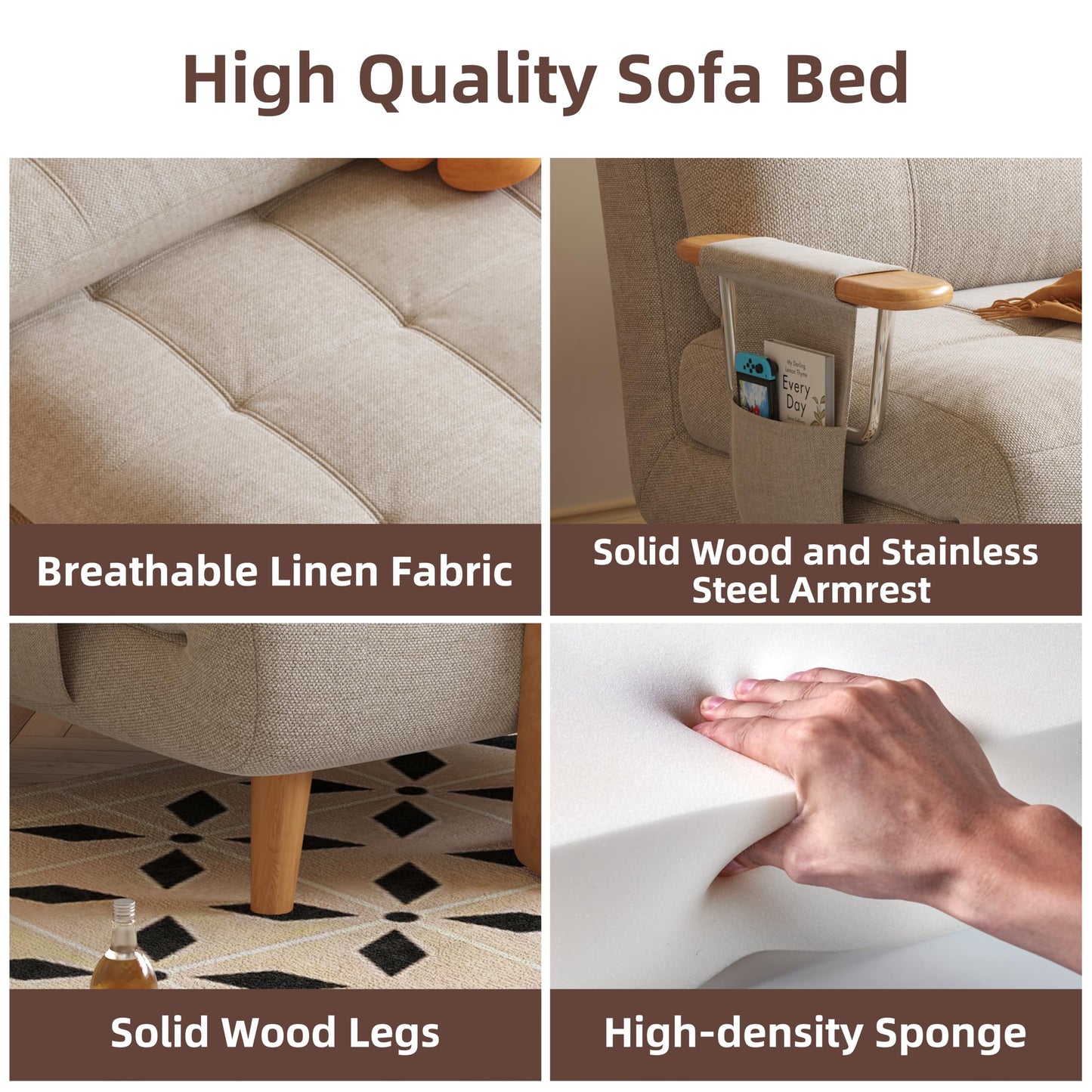 Convertible Futon Sofa Bed Sleeper Chair with Solid Wood Leg
