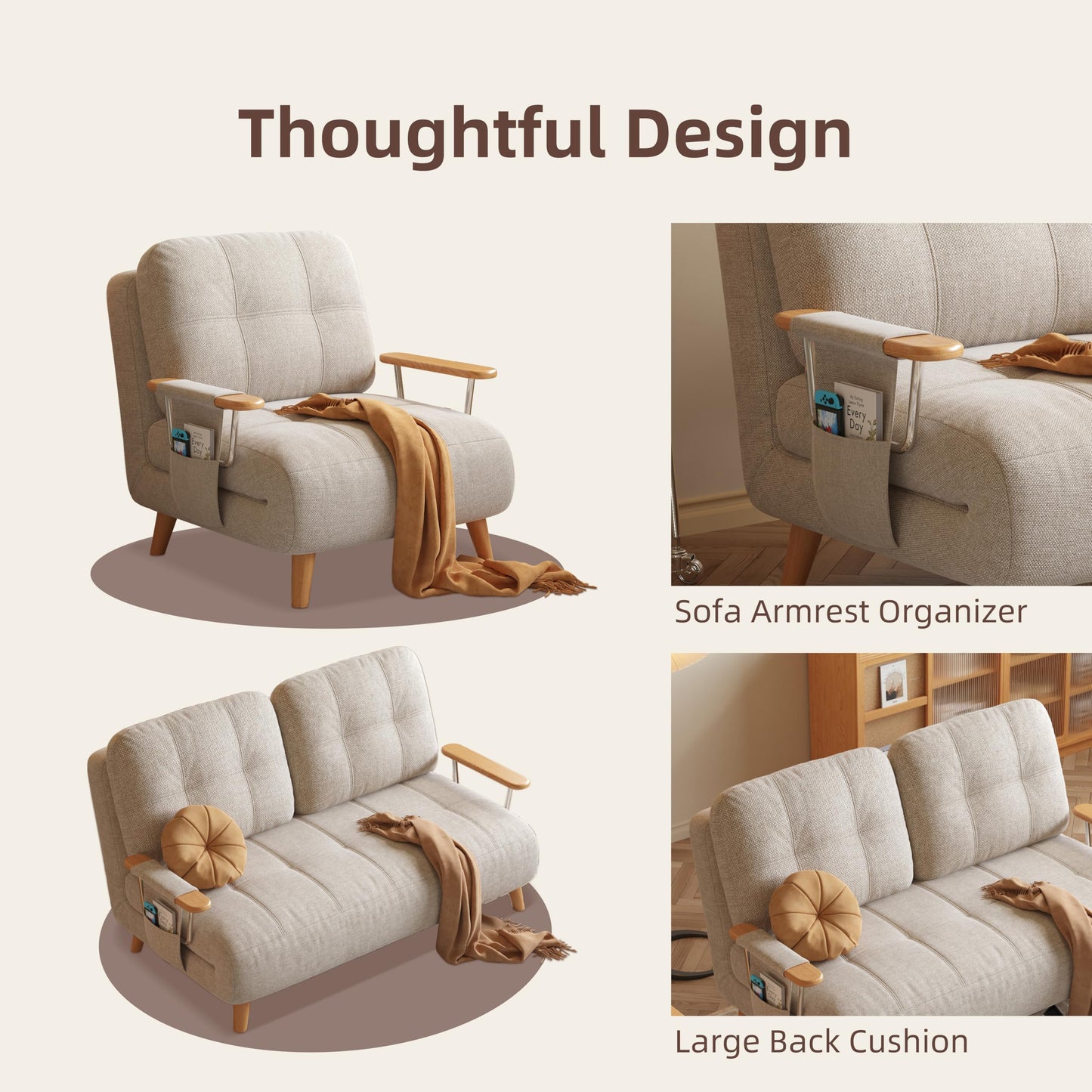 Convertible Futon Sofa Bed Sleeper Chair with Solid Wood Leg