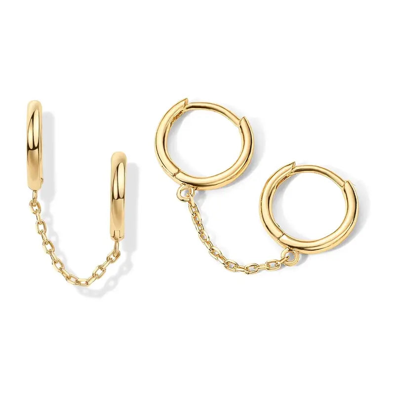 Loruvie 14K Gold-Plated Double Piercing Earrings – Delicate Chain & CZ Accents