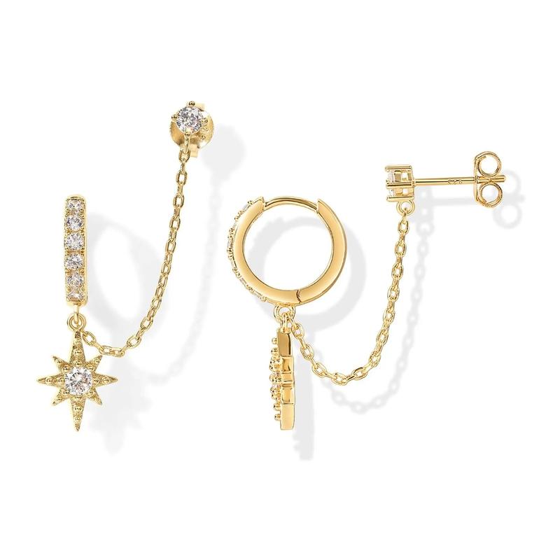 Loruvie 14K Gold-Plated Double Piercing Earrings – Delicate Chain & CZ Accents
