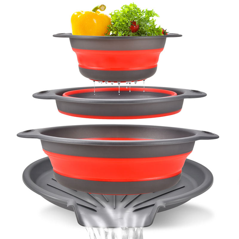 Foldable Silicone Strainer Basket with Draining Base: Perfect for Fruit & Vegetable Washing, A set of 3 baskets and a base