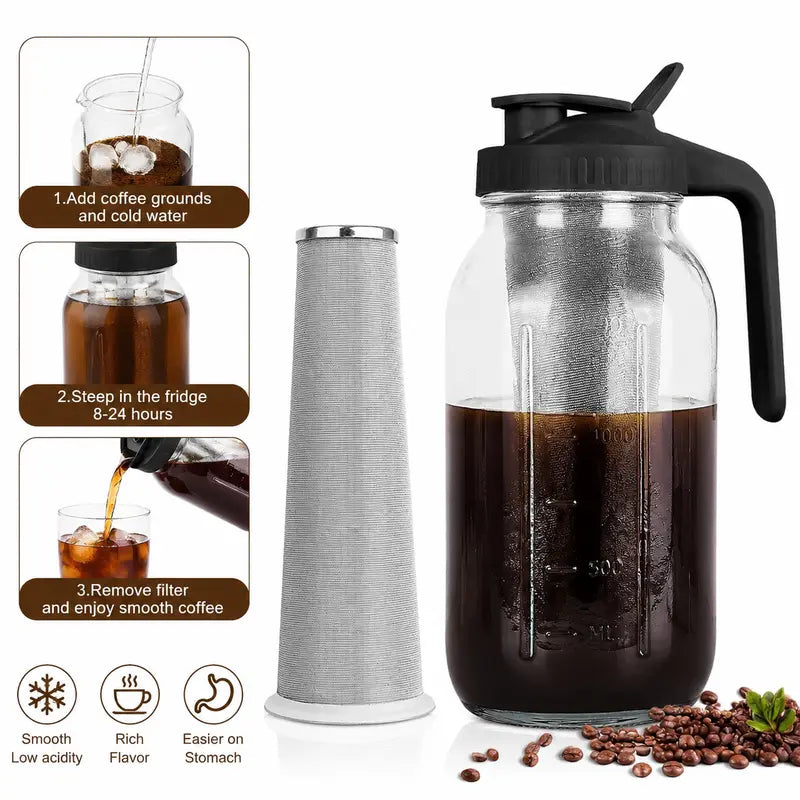 BrewJar™ Mason Jar Cold Brew Pitcher for Iced Coffee & Tea