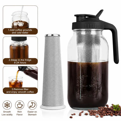 BrewJar™ Mason Jar Cold Brew Pitcher for Iced Coffee & Tea