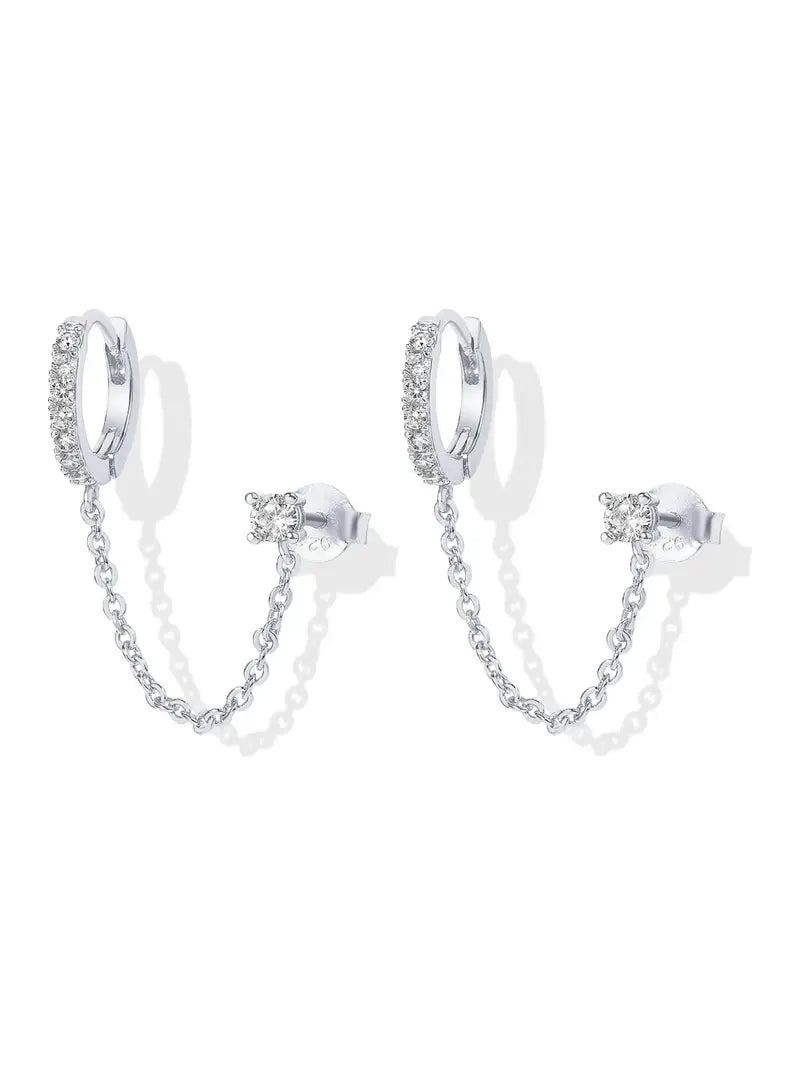 Loruvie 14K Gold-Plated Double Piercing Earrings – Delicate Chain & CZ Accents
