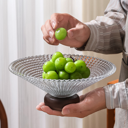 Elegant Crystal Glass Serving Plate with Wooden Base - Wide Opening Design
