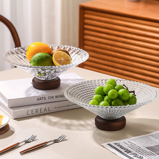 Elegant Crystal Glass Serving Plate with Wooden Base - Wide Opening Design