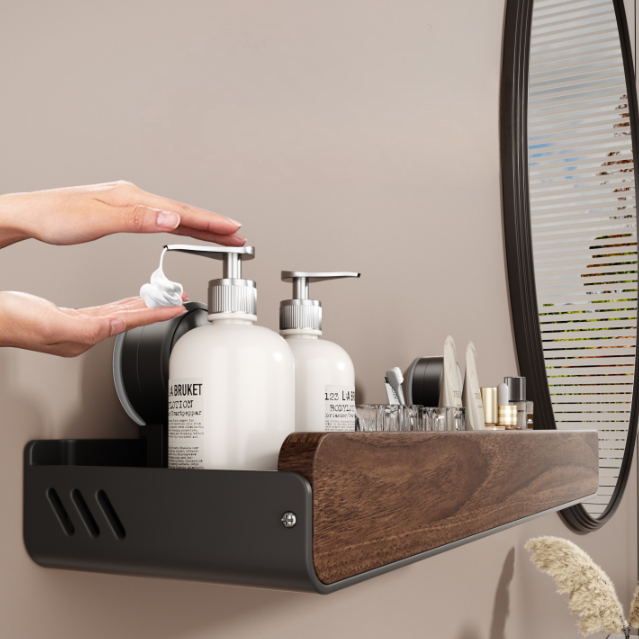 Walnut Wood Suction Wall Shelf – Tool-Free Install, Strong Hold, Large Capacity