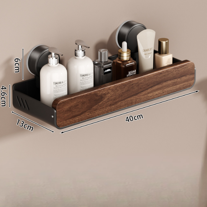 Walnut Wood Suction Wall Shelf – Tool-Free Install, Strong Hold, Large Capacity