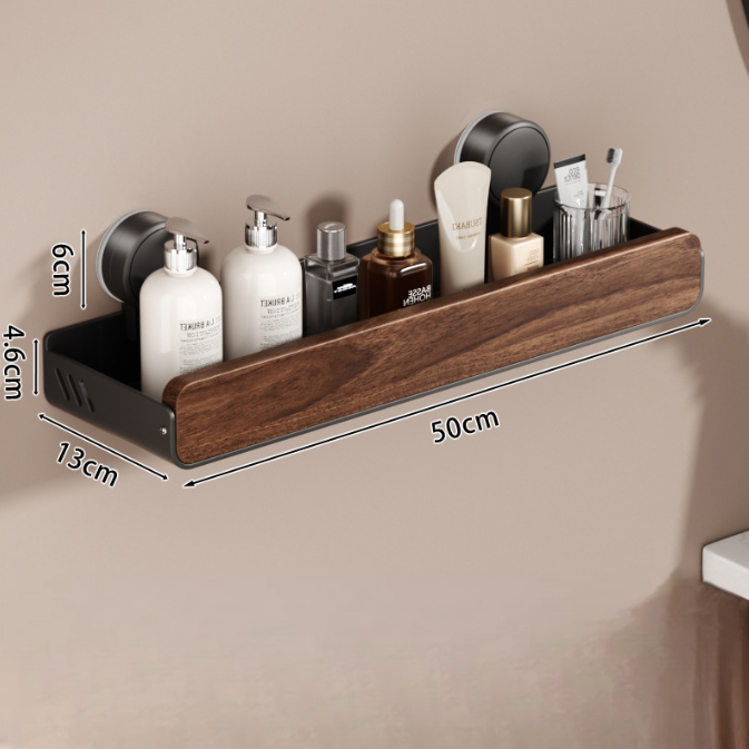 Walnut Wood Suction Wall Shelf – Tool-Free Install, Strong Hold, Large Capacity