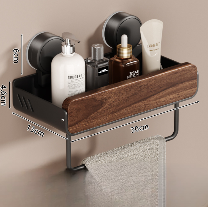 Walnut Wood Suction Wall Shelf – Tool-Free Install, Strong Hold, Large Capacity