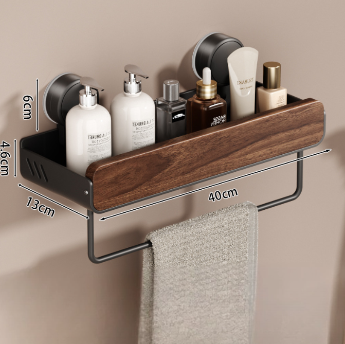 Walnut Wood Suction Wall Shelf – Tool-Free Install, Strong Hold, Large Capacity