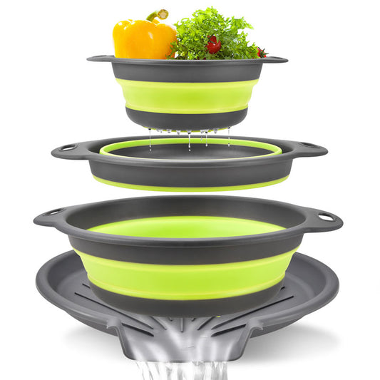 Foldable Silicone Strainer Basket with Draining Base: Perfect for Fruit & Vegetable Washing, A set of 3 baskets and a base