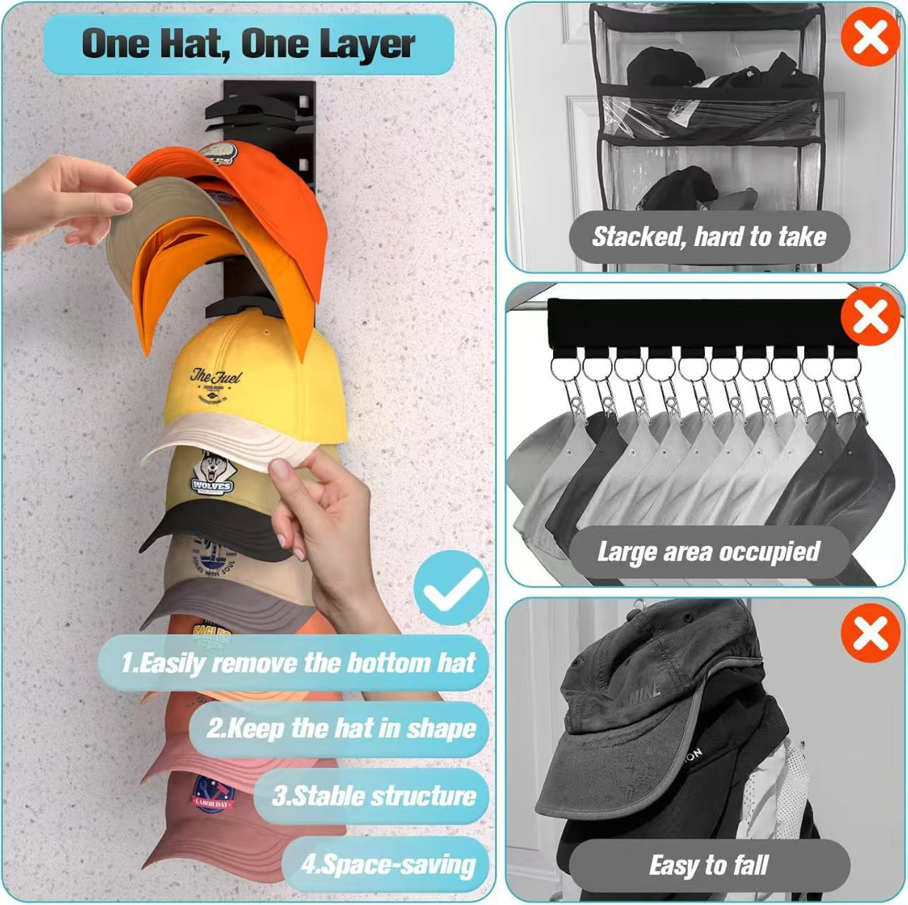 CapRail™ Wall-Mounted Hat Organizer for Baseball Caps