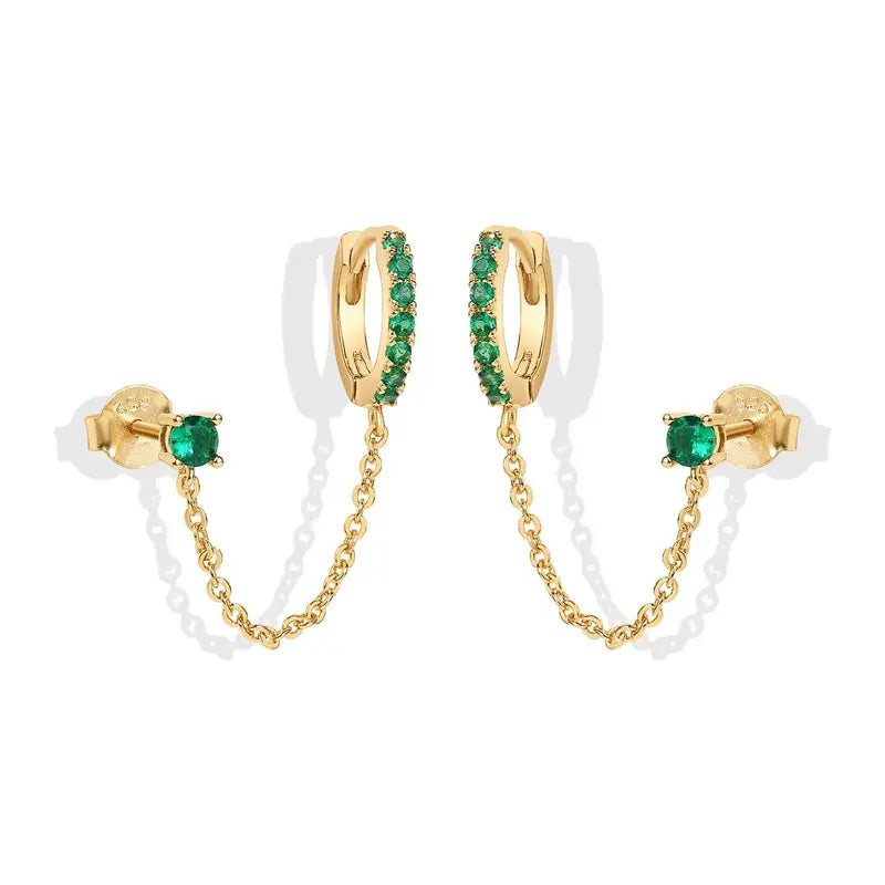 Loruvie 14K Gold-Plated Double Piercing Earrings – Delicate Chain & CZ Accents