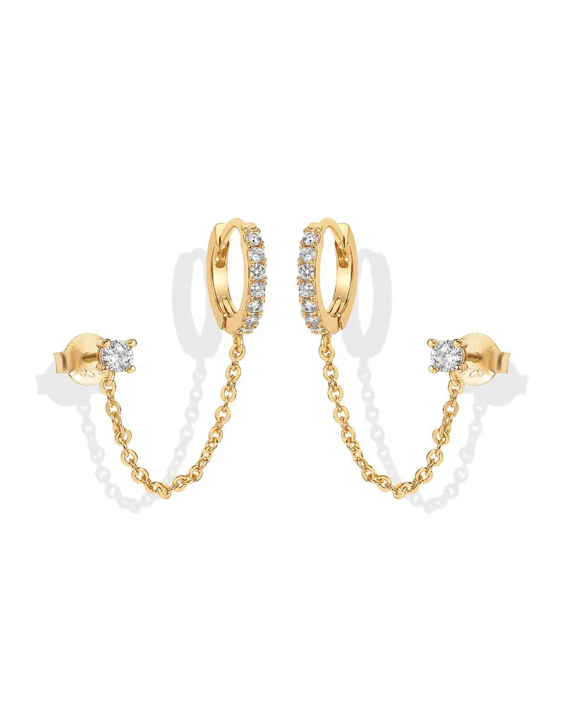 Loruvie 14K Gold-Plated Double Piercing Earrings – Delicate Chain & CZ Accents