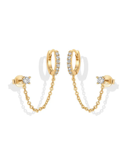 Loruvie 14K Gold-Plated Double Piercing Earrings – Delicate Chain & CZ Accents