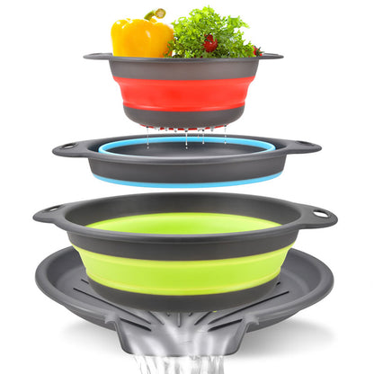 Foldable Silicone Strainer Basket with Draining Base: Perfect for Fruit & Vegetable Washing, A set of 3 baskets and a base