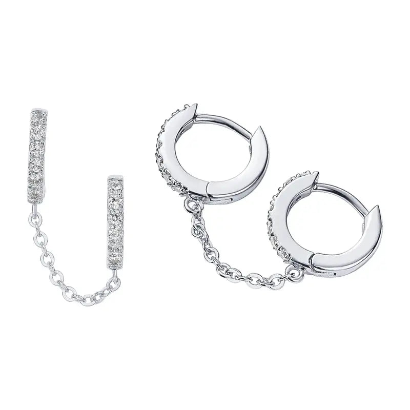 Loruvie 14K Gold-Plated Double Piercing Earrings – Delicate Chain & CZ Accents