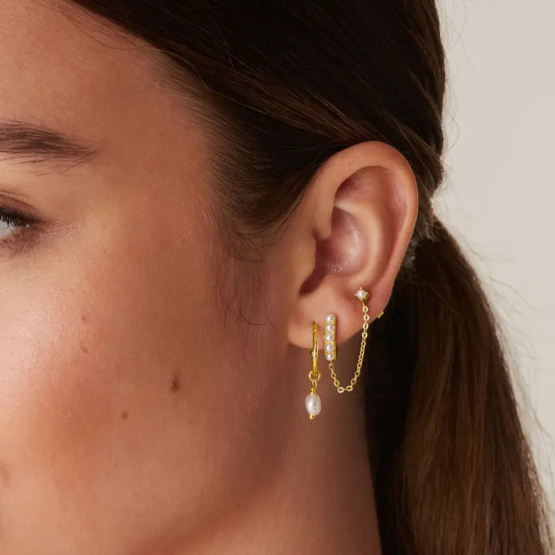 Loruvie 14K Gold-Plated Double Piercing Earrings – Delicate Chain & CZ Accents