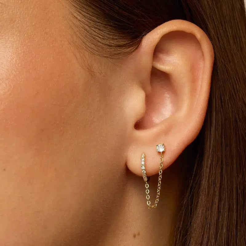 Loruvie 14K Gold-Plated Double Piercing Earrings – Delicate Chain & CZ Accents