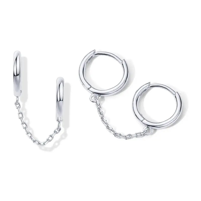 Loruvie 14K Gold-Plated Double Piercing Earrings – Delicate Chain & CZ Accents