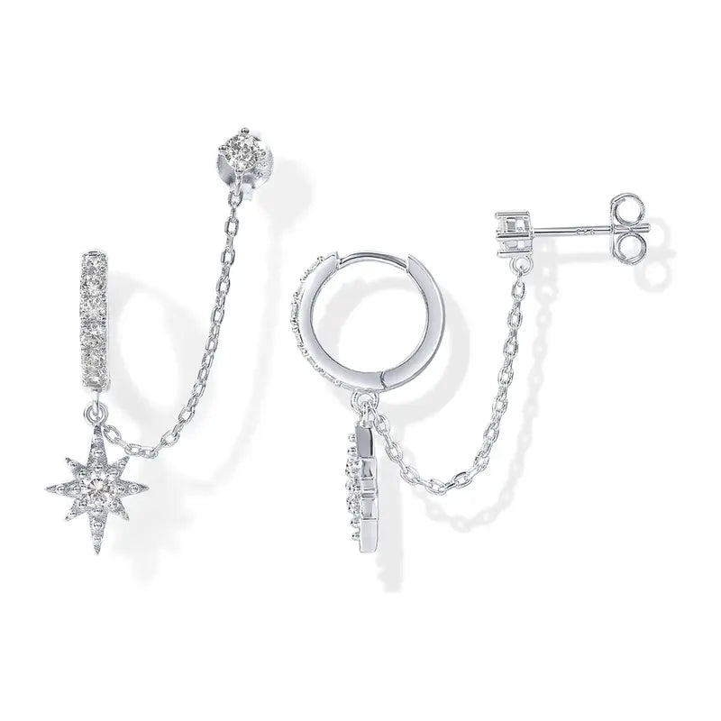Loruvie 14K Gold-Plated Double Piercing Earrings – Delicate Chain & CZ Accents