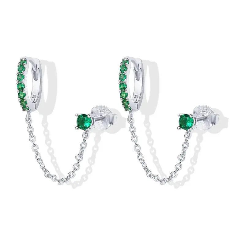 Loruvie 14K Gold-Plated Double Piercing Earrings – Delicate Chain & CZ Accents