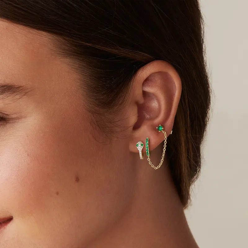 Loruvie 14K Gold-Plated Double Piercing Earrings – Delicate Chain & CZ Accents